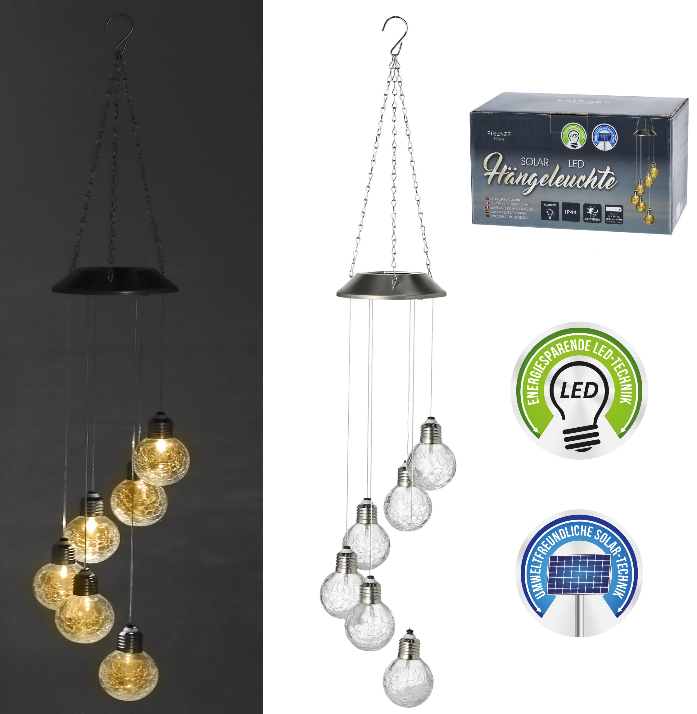 Solar-Hängeleuchte mit 6 warmweissen LED-Lichtern, 75 cm